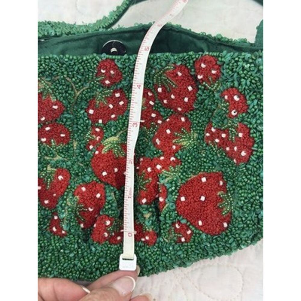 Green Red Strawberry Beaded Sequin Lined Bag Purse Snap Silver cutesy feminine - Picture 12 of 14